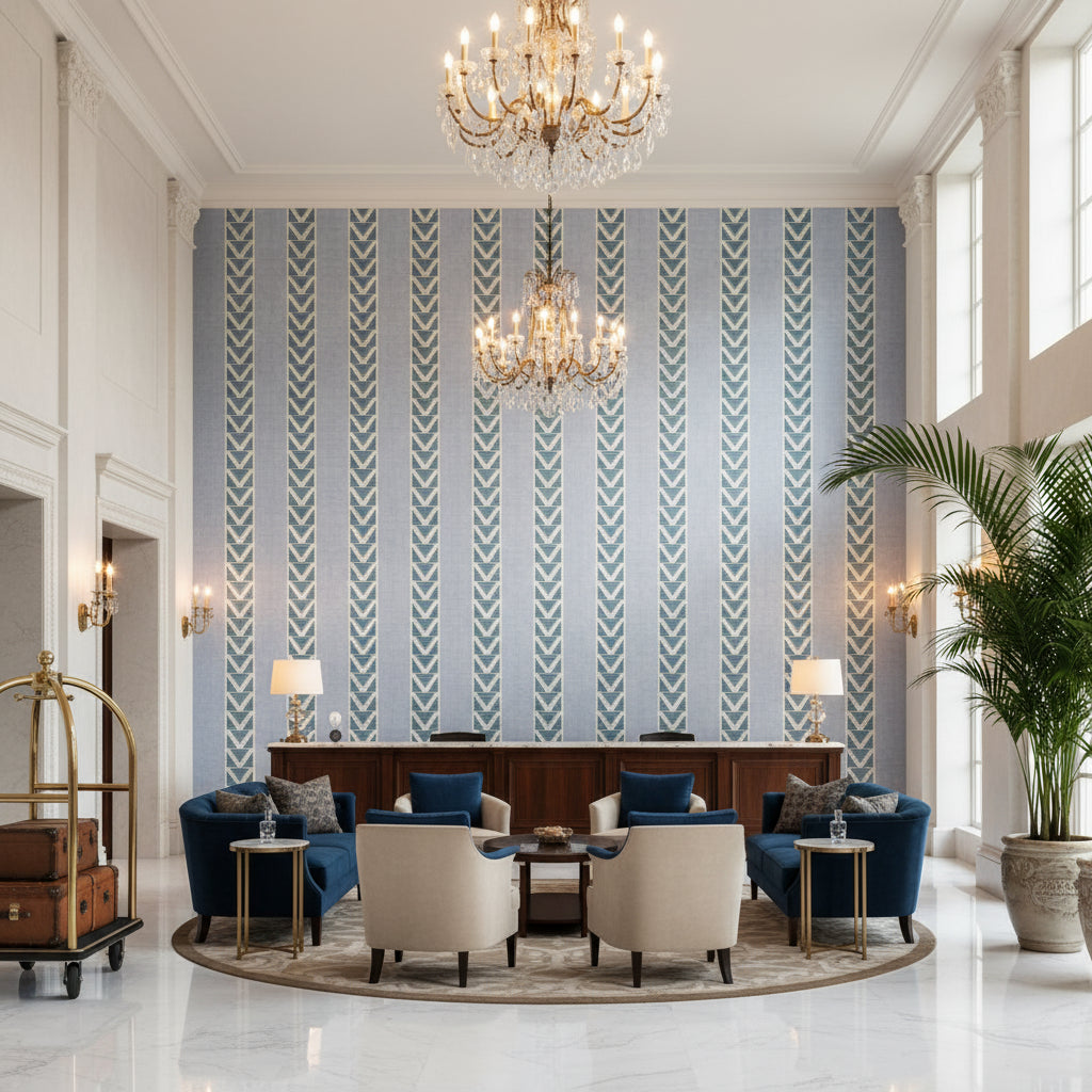 BURTON STRIPE Fabrics (AF23123) – Blue | Thibaut - Hotel Lobby Visualization (AI-generated, may not be to scale. Verify pattern scale with product specifications.)