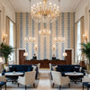 BURTON STRIPE Fabrics (AF23124) – Linen and Navy | Thibaut - Hotel Lobby Visualization (AI-generated, may not be to scale. Verify pattern scale with product specifications.)