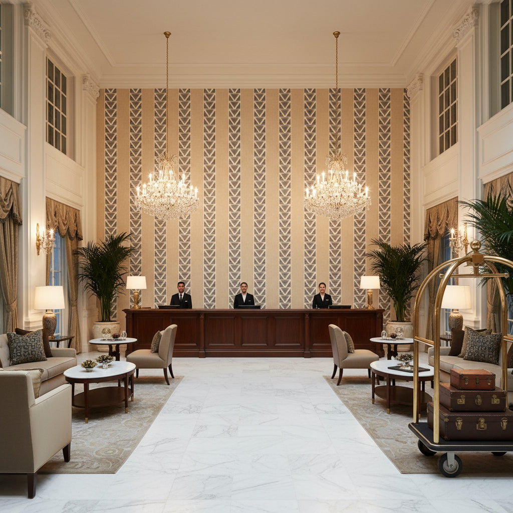 BURTON STRIPE Fabrics (AF23125) – Linen and Black | Thibaut - Hotel Lobby Visualization (AI-generated, may not be to scale. Verify pattern scale with product specifications.)