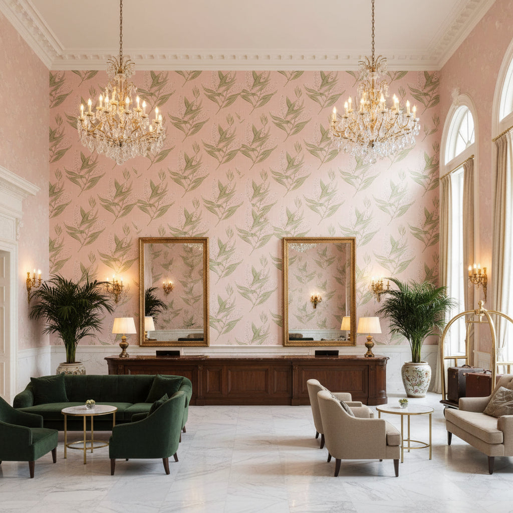 WINTER BUD Fabrics (AF23132) – Blush | Thibaut - Hotel Lobby Visualization (AI-generated, may not be to scale. Verify pattern scale with product specifications.)