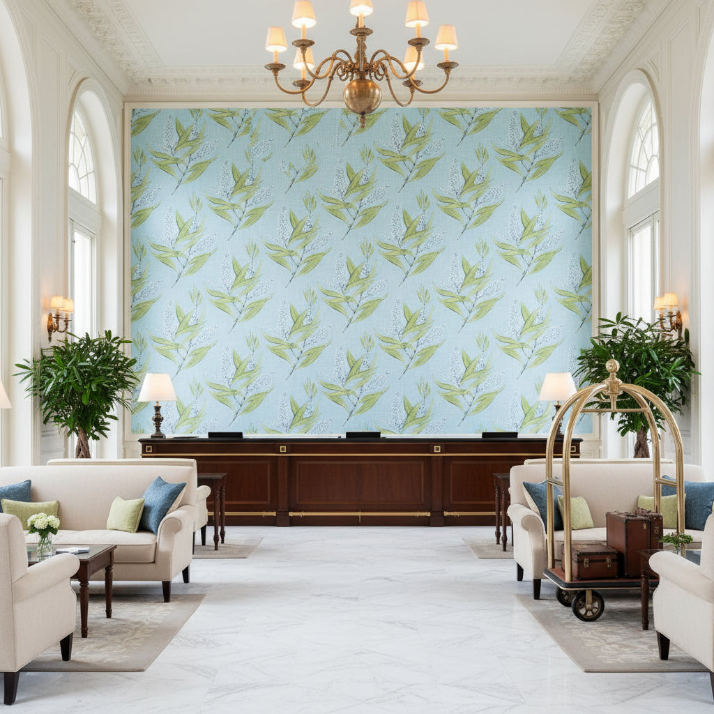 WINTER BUD Fabrics (AF23133) – Soft Blue | Thibaut - Hotel Lobby Visualization (AI-generated, may not be to scale. Verify pattern scale with product specifications.)