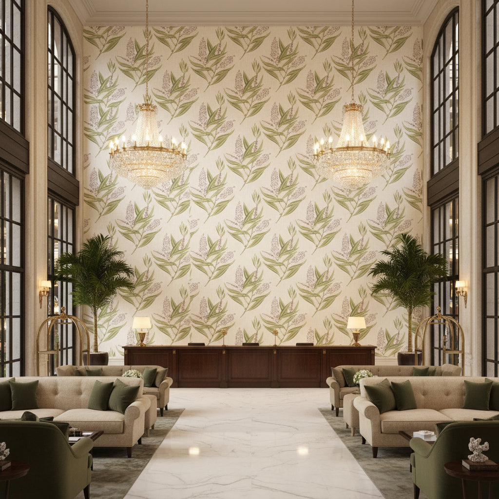 WINTER BUD Fabrics (AF23134) – Lavender | Thibaut - Hotel Lobby Visualization (AI-generated, may not be to scale. Verify pattern scale with product specifications.)