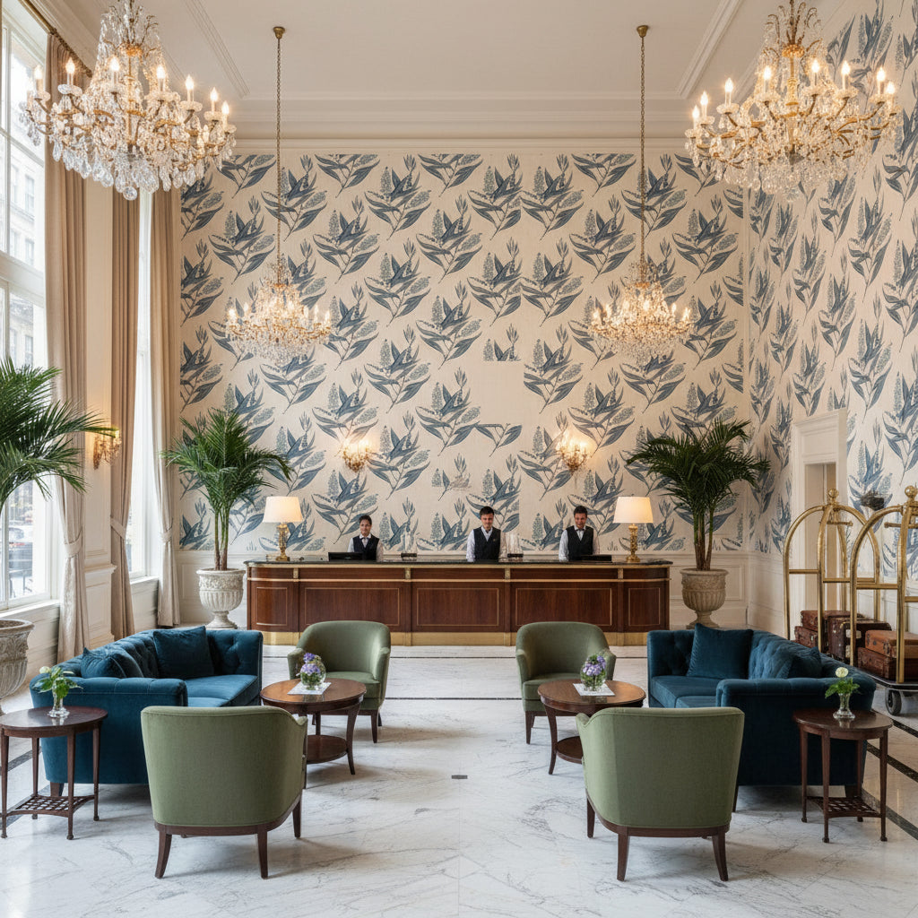 WINTER BUD Fabrics (AF23135) – Blue | Thibaut - Hotel Lobby Visualization (AI-generated, may not be to scale. Verify pattern scale with product specifications.)