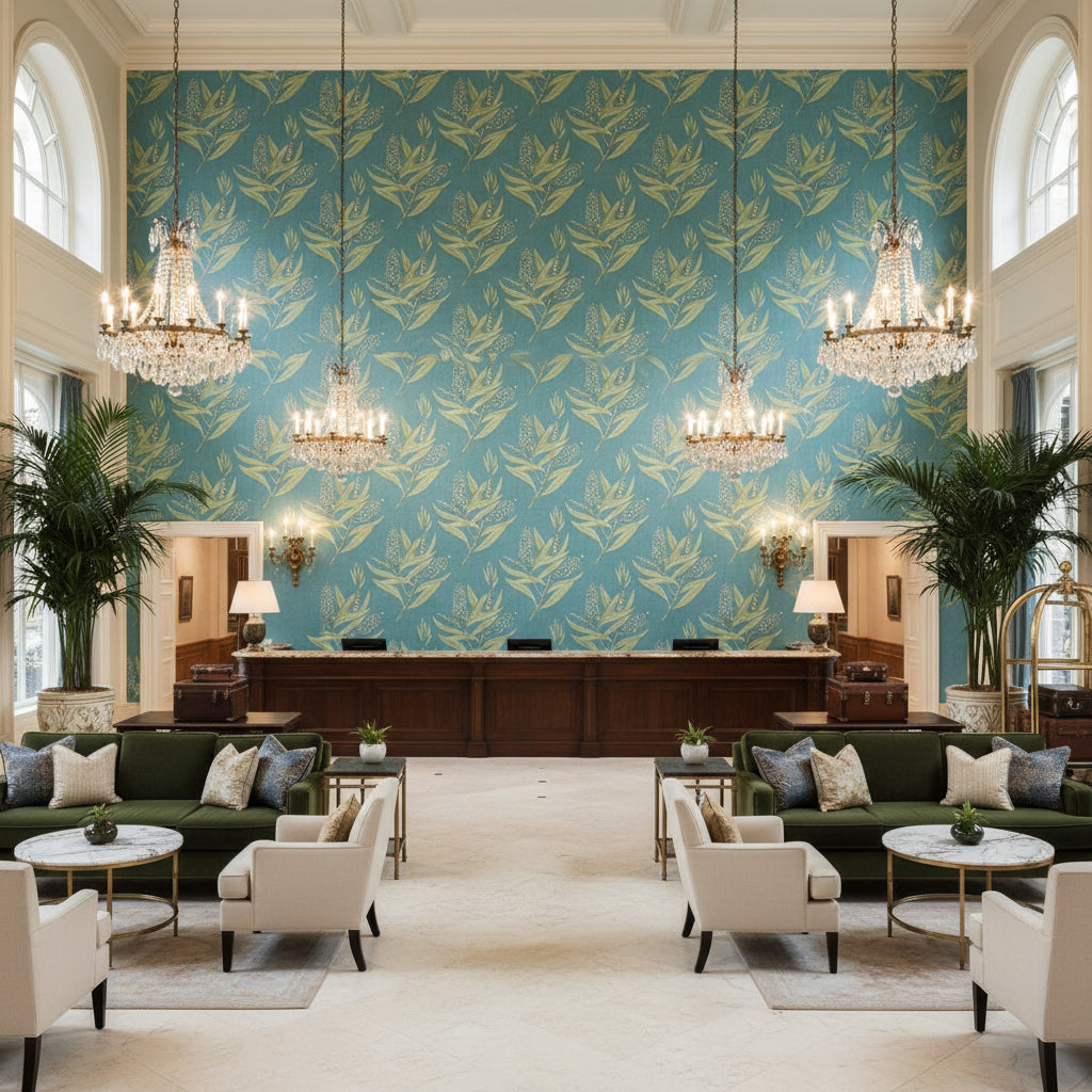 WINTER BUD Fabrics (AF23136) – Teal | Thibaut - Hotel Lobby Visualization (AI-generated, may not be to scale. Verify pattern scale with product specifications.)