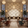 WINTER BUD Fabrics (AF23137) – Coral | Thibaut - Hotel Lobby Visualization (AI-generated, may not be to scale. Verify pattern scale with product specifications.)