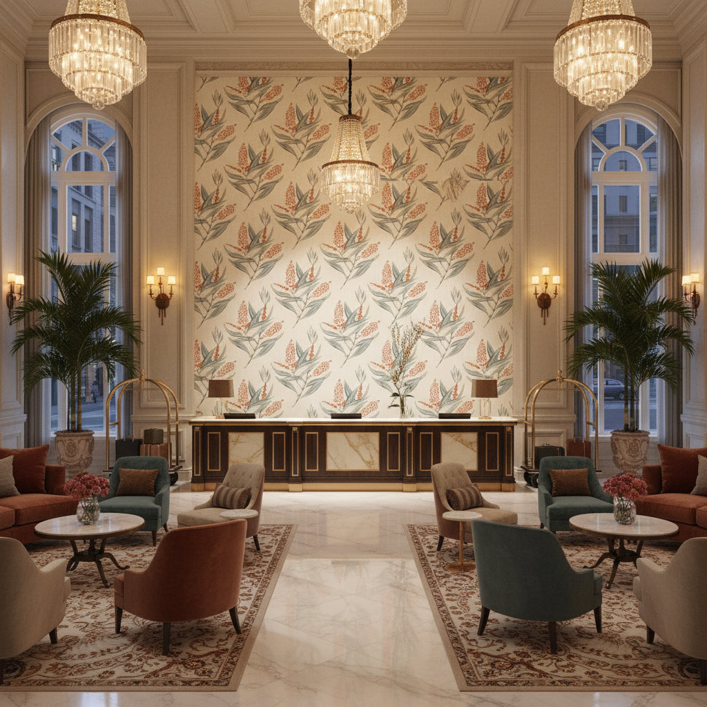 WINTER BUD Fabrics (AF23137) – Coral | Thibaut - Hotel Lobby Visualization (AI-generated, may not be to scale. Verify pattern scale with product specifications.)