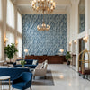 HIGHLAND PEAK Fabrics (AF23138) – Blue | Thibaut - Hotel Lobby Visualization (AI-generated, may not be to scale. Verify pattern scale with product specifications.)