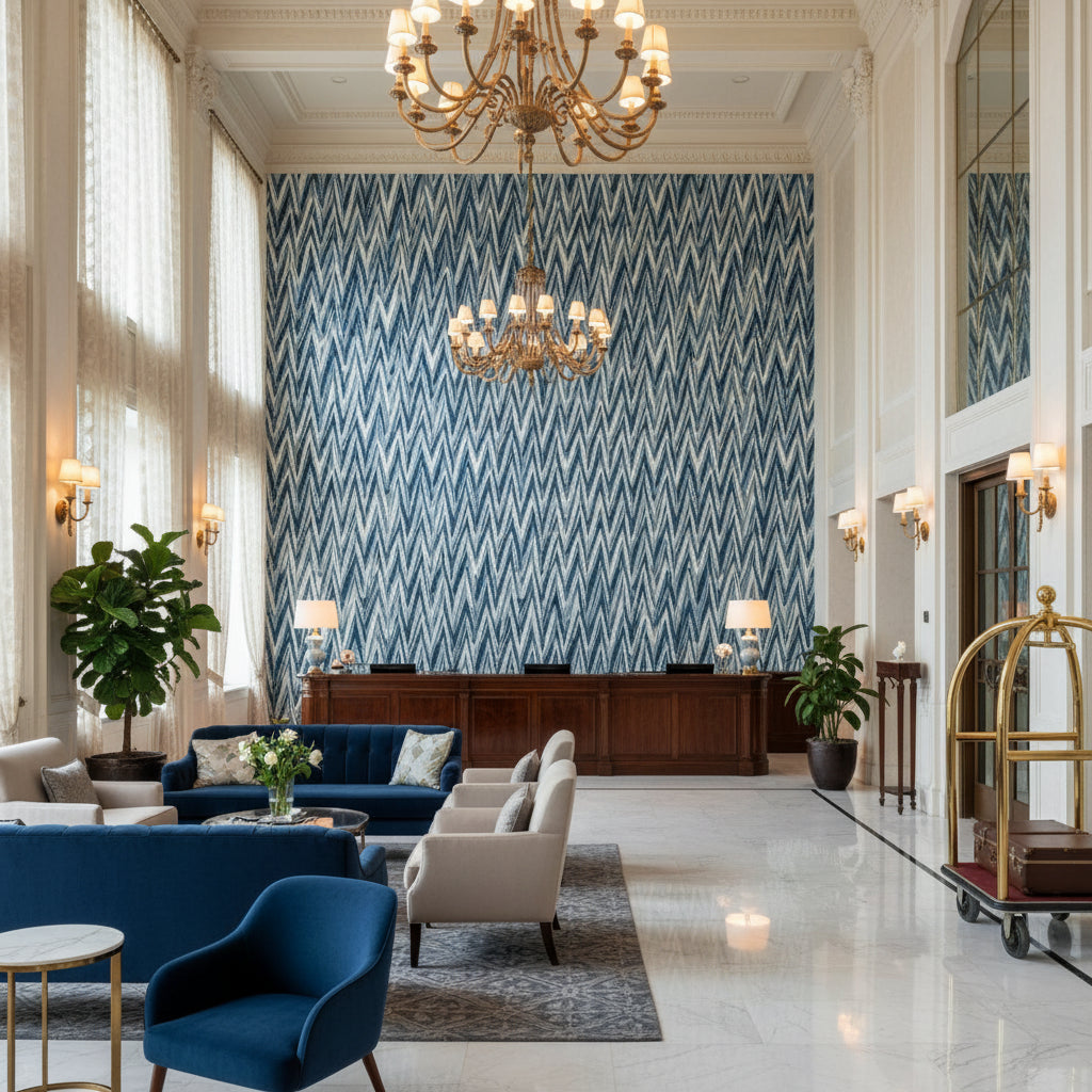 HIGHLAND PEAK Fabrics (AF23138) – Blue | Thibaut - Hotel Lobby Visualization (AI-generated, may not be to scale. Verify pattern scale with product specifications.)