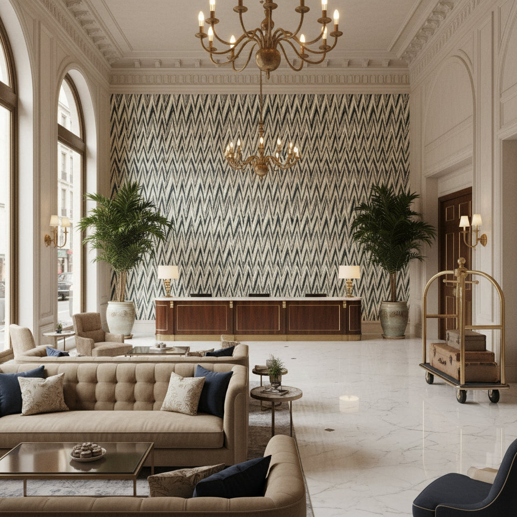 HIGHLAND PEAK Fabrics (AF23139) – Black | Thibaut - Hotel Lobby Visualization (AI-generated, may not be to scale. Verify pattern scale with product specifications.)