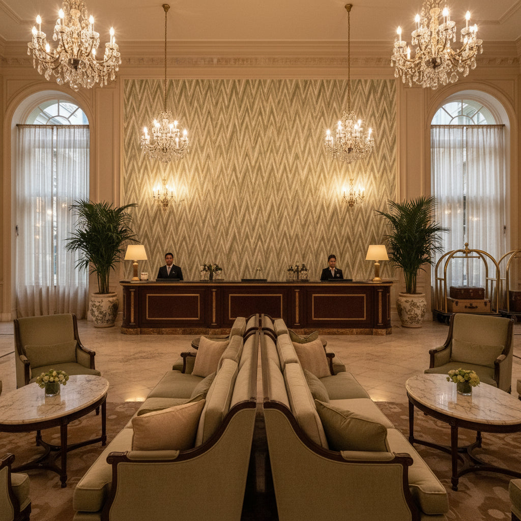 HIGHLAND PEAK Fabrics (AF23140) – Green | Thibaut - Hotel Lobby Visualization (AI-generated, may not be to scale. Verify pattern scale with product specifications.)