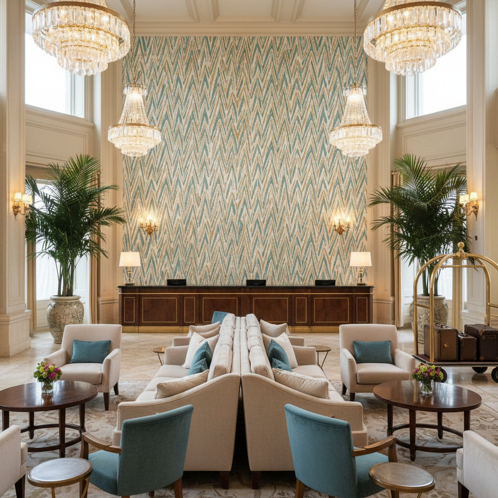 HIGHLAND PEAK Fabrics (AF23141) – Turquoise | Thibaut - Hotel Lobby Visualization (AI-generated, may not be to scale. Verify pattern scale with product specifications.)