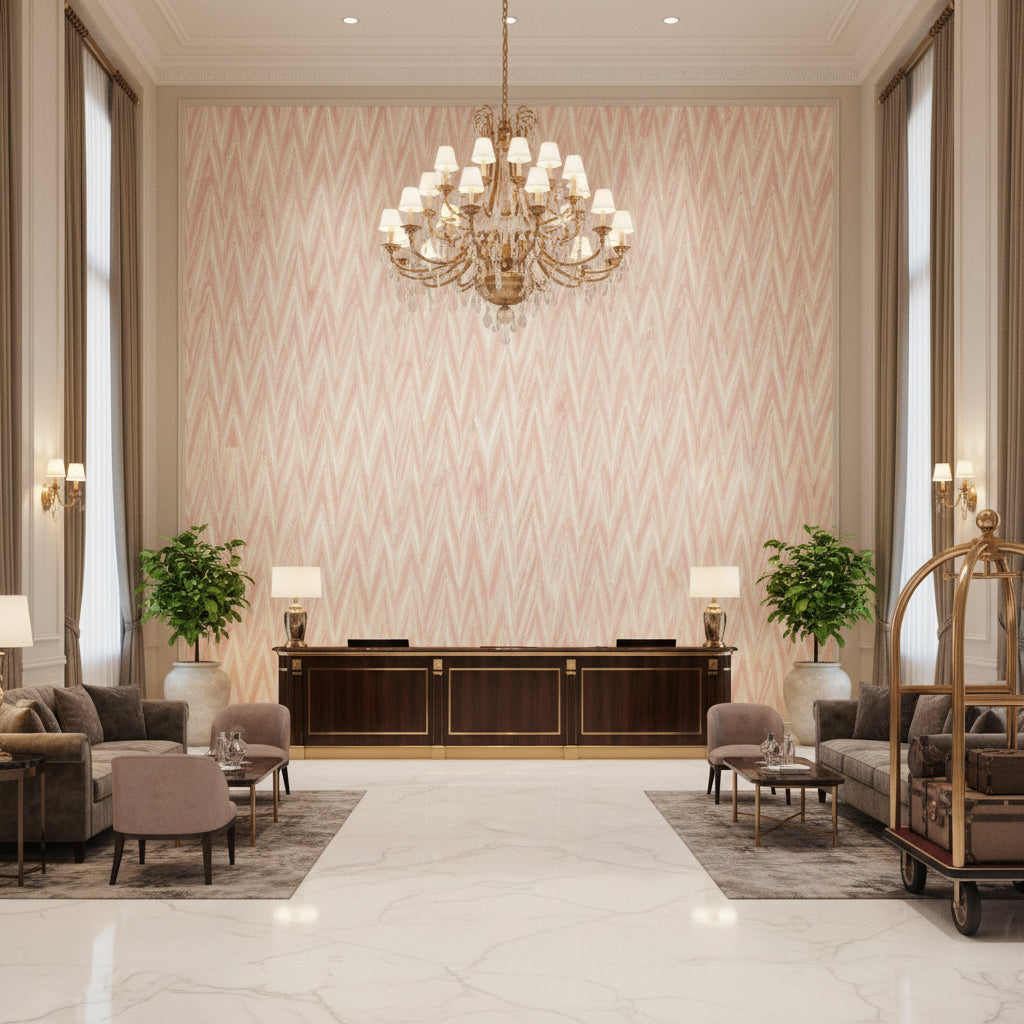 HIGHLAND PEAK Fabrics (AF23142) – Blush | Thibaut - Hotel Lobby Visualization (AI-generated, may not be to scale. Verify pattern scale with product specifications.)