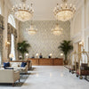 HIGHLAND PEAK Fabrics (AF23143) – Plum | Thibaut - Hotel Lobby Visualization (AI-generated, may not be to scale. Verify pattern scale with product specifications.)