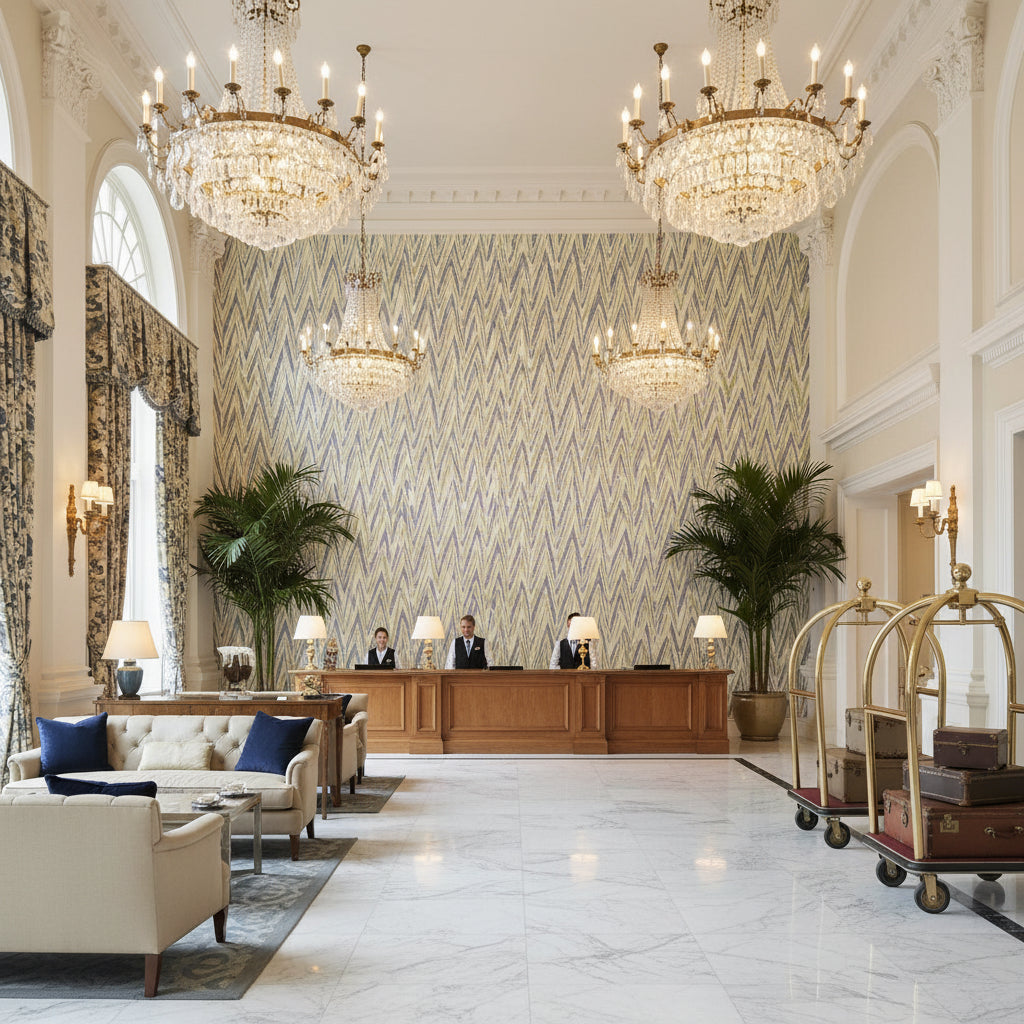 HIGHLAND PEAK Fabrics (AF23143) – Plum | Thibaut - Hotel Lobby Visualization (AI-generated, may not be to scale. Verify pattern scale with product specifications.)