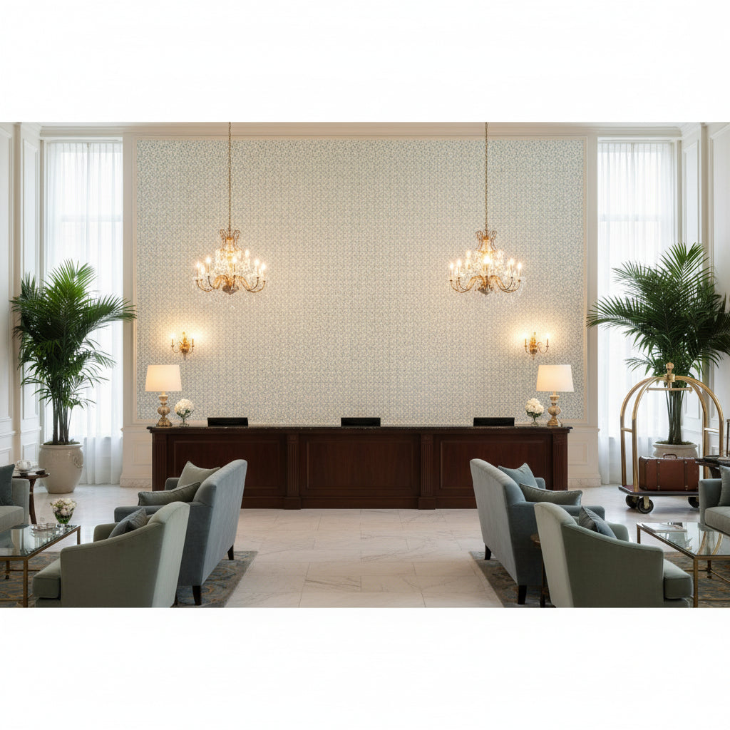 WYNFORD Fabrics (AF23145) – Soft Blue | Thibaut - Hotel Lobby Visualization (AI-generated, may not be to scale. Verify pattern scale with product specifications.)