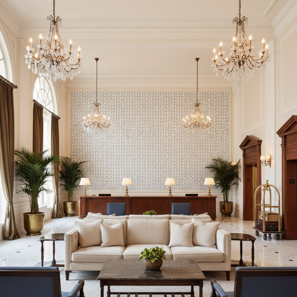 WYNFORD Fabrics (AF23146) – Navy on White | Thibaut - Hotel Lobby Visualization (AI-generated, may not be to scale. Verify pattern scale with product specifications.)