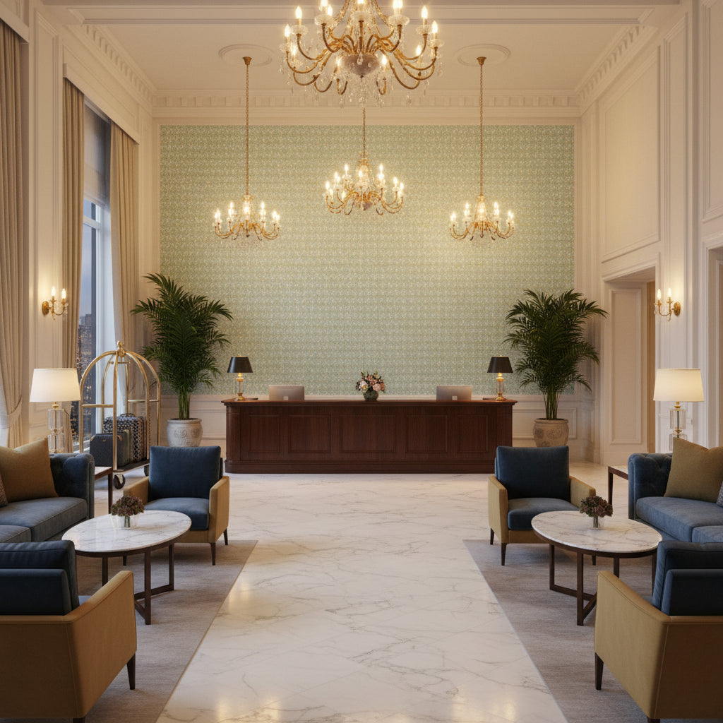 WYNFORD Fabrics (AF23147) – Spa Blue | Thibaut - Hotel Lobby Visualization (AI-generated, may not be to scale. Verify pattern scale with product specifications.)