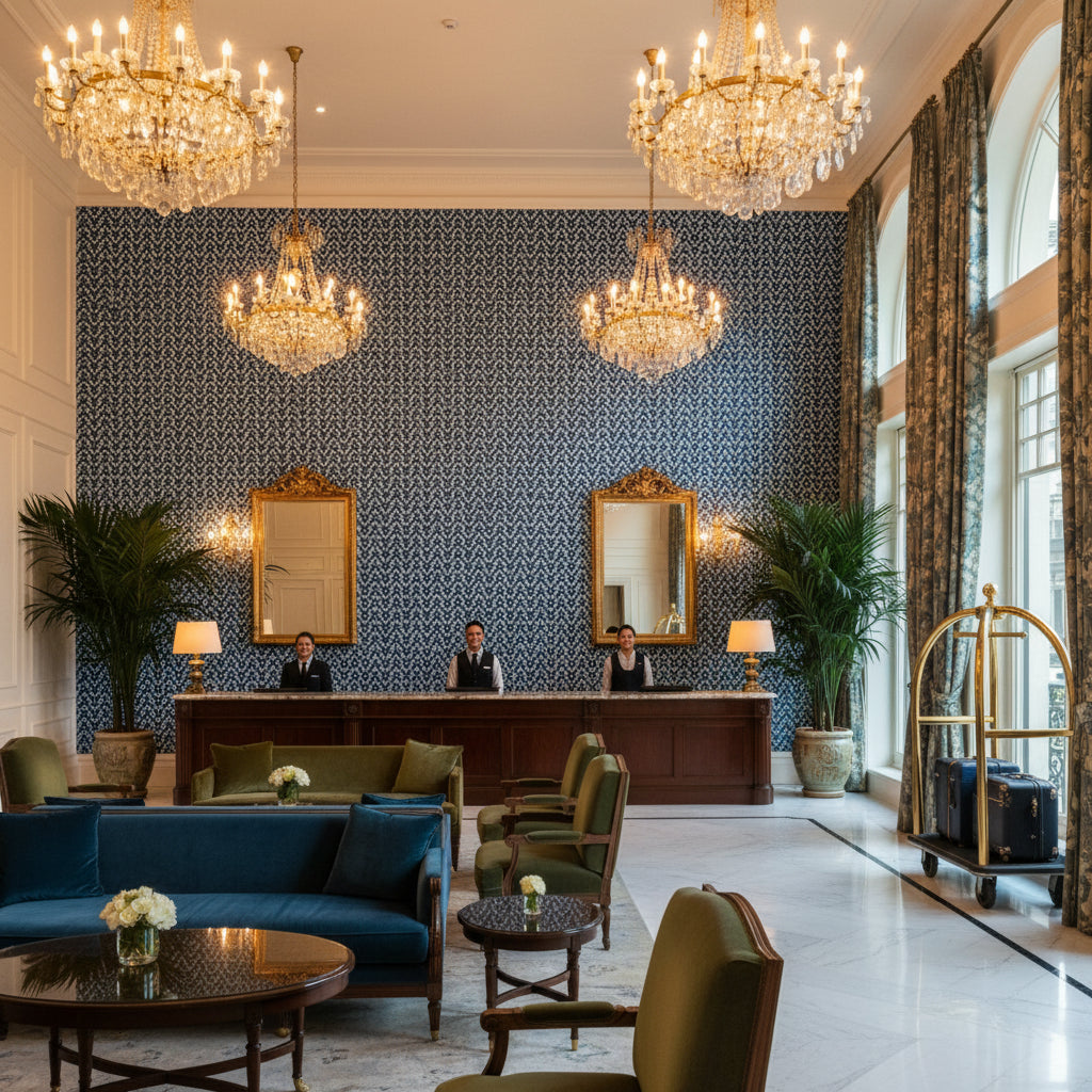 WYNFORD Fabrics (AF23149) – Navy | Thibaut - Hotel Lobby Visualization (AI-generated, may not be to scale. Verify pattern scale with product specifications.)