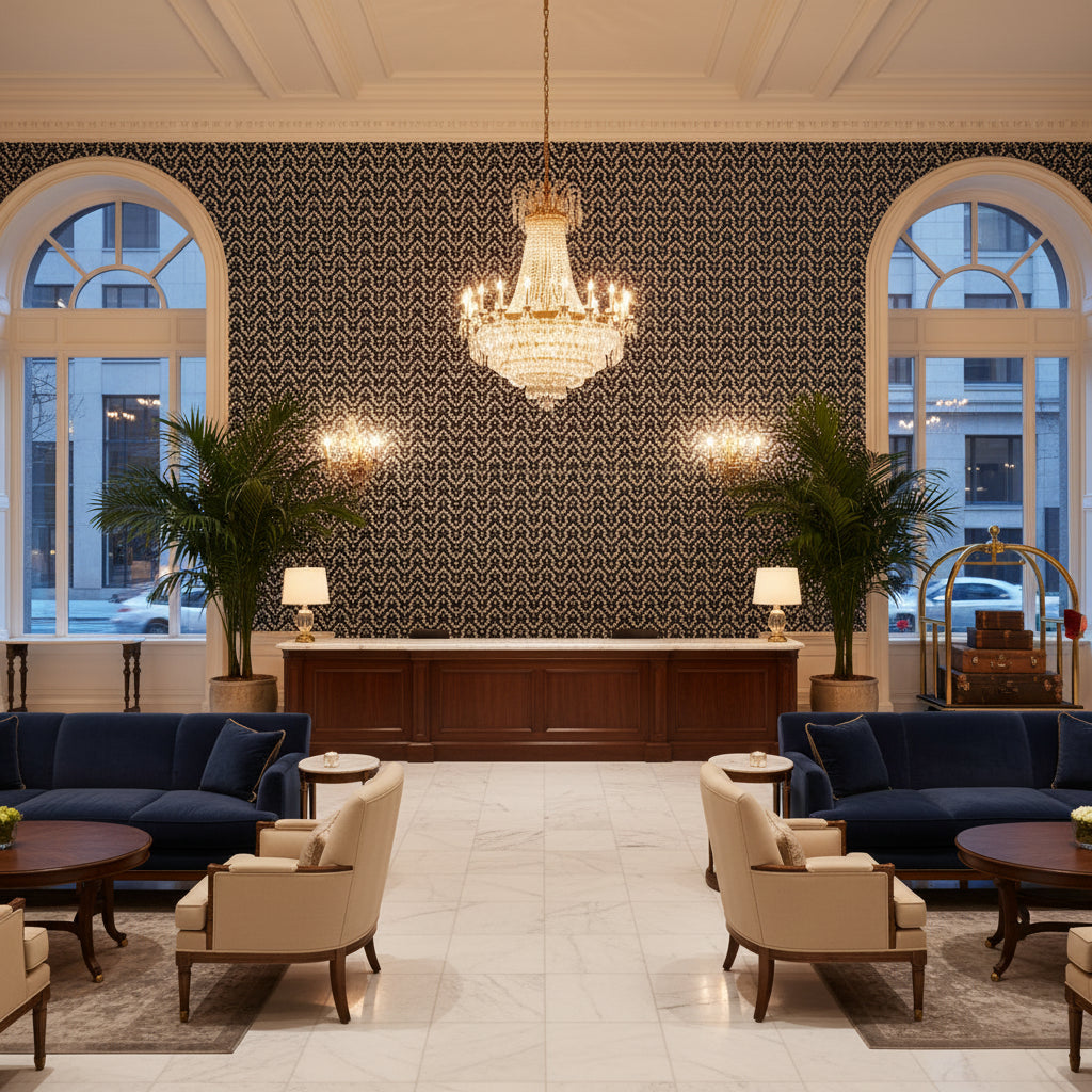 WYNFORD Fabrics (AF23150) – Black | Thibaut - Hotel Lobby Visualization (AI-generated, may not be to scale. Verify pattern scale with product specifications.)