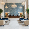 HIGHLAND PEAK Fabrics (AF23157) – Navy | Thibaut - Hotel Lobby Visualization (AI-generated, may not be to scale. Verify pattern scale with product specifications.)