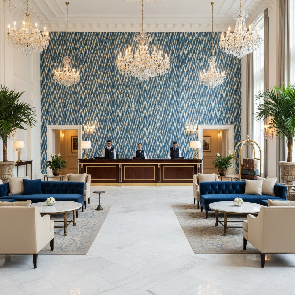 HIGHLAND PEAK Fabrics (AF23157) – Navy | Thibaut - Hotel Lobby Visualization (AI-generated, may not be to scale. Verify pattern scale with product specifications.)