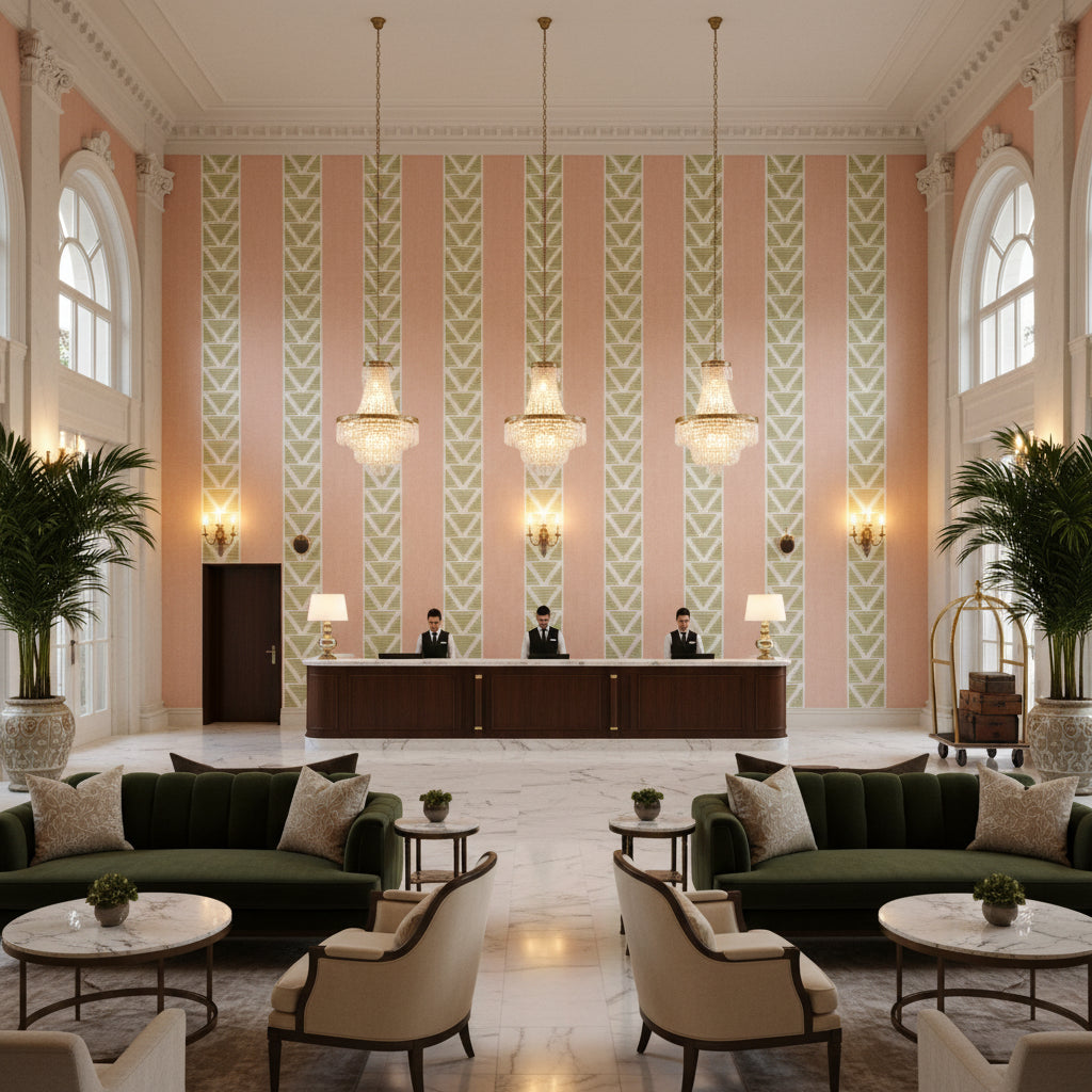 BURTON STRIPE Fabrics (AF23163) – Blush and Green | Thibaut - Hotel Lobby Visualization (AI-generated, may not be to scale. Verify pattern scale with product specifications.)