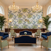 DAHLIA Fabrics (AF24535) – Sky on White | Thibaut - Hotel Lobby Visualization (AI-generated, may not be to scale. Verify pattern scale with product specifications.)