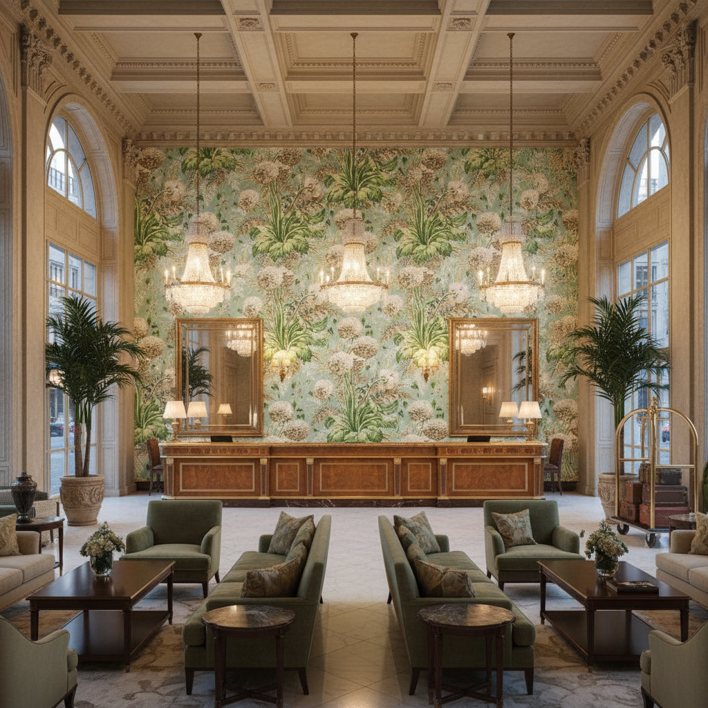 DAHLIA Fabrics (AF24536) – Neutral on Robin's Egg Neutral on Robin's Egg | Thibaut - Hotel Lobby Visualization (AI-generated, may not be to scale. Verify pattern scale with product specifications.)