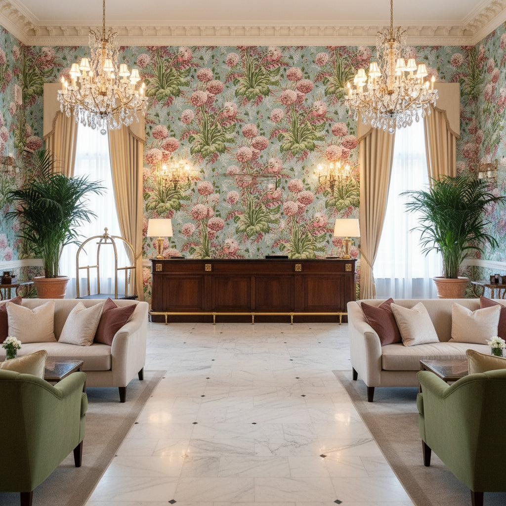 DAHLIA Fabrics (AF24537) – Coral on Robin's Egg Coral on Robin's Egg | Thibaut - Hotel Lobby Visualization (AI-generated, may not be to scale. Verify pattern scale with product specifications.)