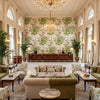 DAHLIA Fabrics (AF24538) – Spring on White | Thibaut - Hotel Lobby Visualization (AI-generated, may not be to scale. Verify pattern scale with product specifications.)