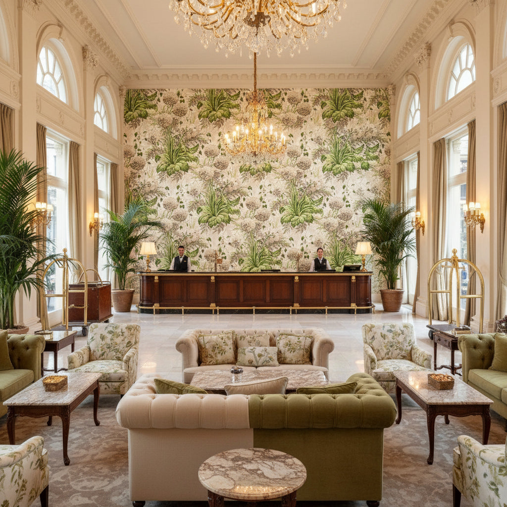 DAHLIA Fabrics (AF24538) – Spring on White | Thibaut - Hotel Lobby Visualization (AI-generated, may not be to scale. Verify pattern scale with product specifications.)