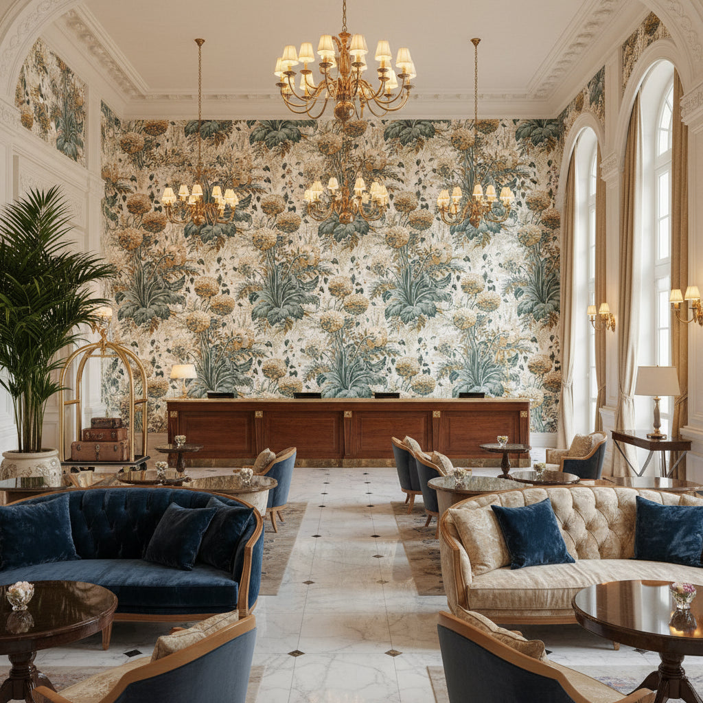 DAHLIA Fabrics (AF24539) – Soft Gold on Cream | Thibaut - Hotel Lobby Visualization (AI-generated, may not be to scale. Verify pattern scale with product specifications.)