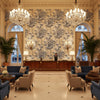 DAHLIA Fabrics (AF24540) – Navy on Linen | Thibaut - Hotel Lobby Visualization (AI-generated, may not be to scale. Verify pattern scale with product specifications.)