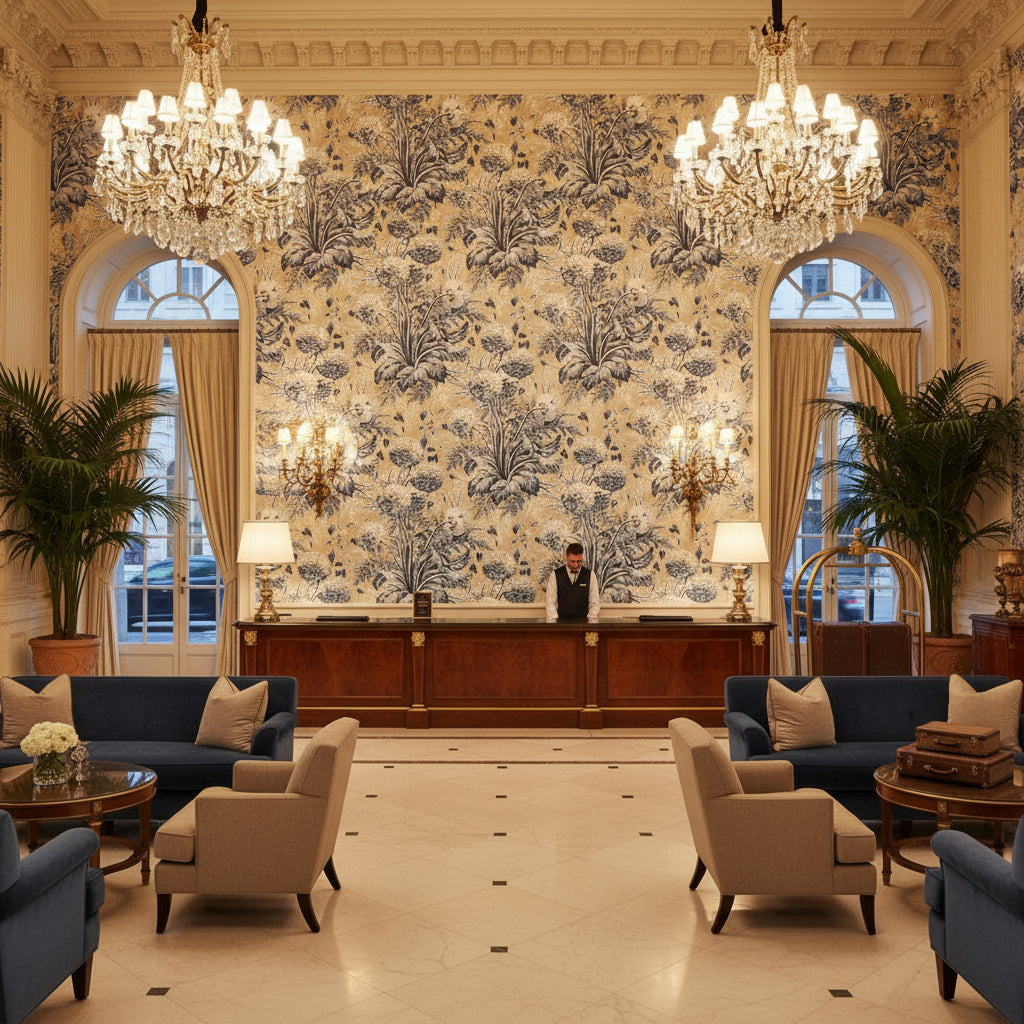 DAHLIA Fabrics (AF24540) – Navy on Linen | Thibaut - Hotel Lobby Visualization (AI-generated, may not be to scale. Verify pattern scale with product specifications.)