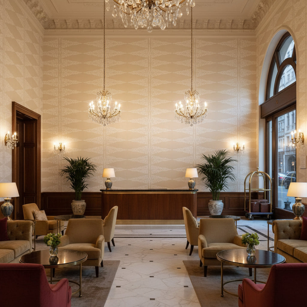 ELLERY STRIPE Fabrics (AF24541) – White on Beige | Thibaut - Hotel Lobby Visualization (AI-generated, may not be to scale. Verify pattern scale with product specifications.)