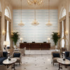 ELLERY STRIPE Fabrics (AF24542) – White on Soft Blue | Thibaut - Hotel Lobby Visualization (AI-generated, may not be to scale. Verify pattern scale with product specifications.)