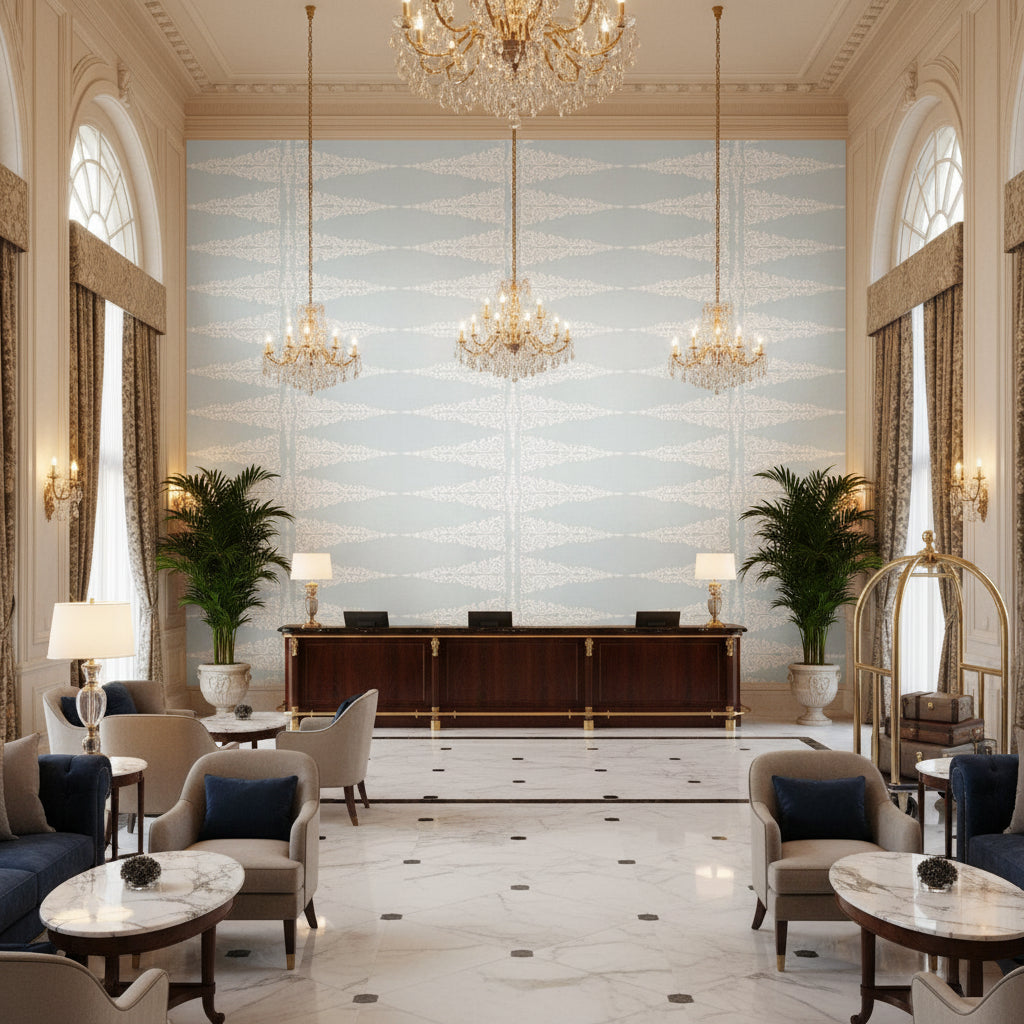 ELLERY STRIPE Fabrics (AF24542) – White on Soft Blue | Thibaut - Hotel Lobby Visualization (AI-generated, may not be to scale. Verify pattern scale with product specifications.)