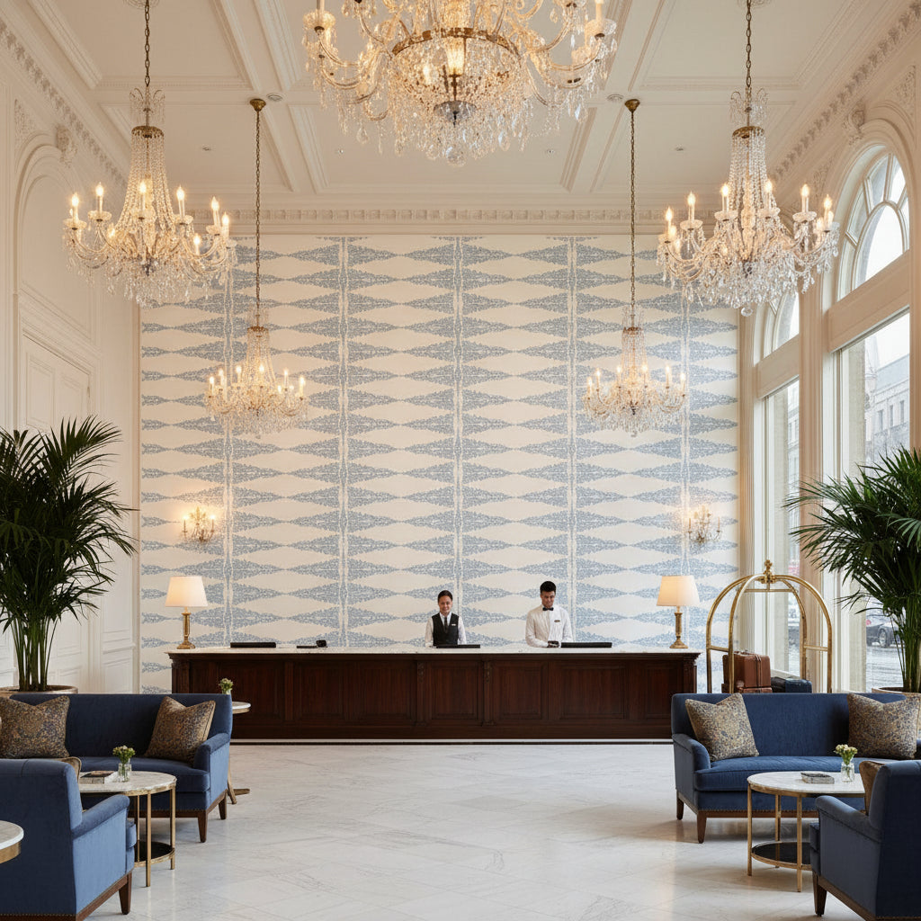 ELLERY STRIPE Fabrics (AF24543) – Sky Blue on White | Thibaut - Hotel Lobby Visualization (AI-generated, may not be to scale. Verify pattern scale with product specifications.)