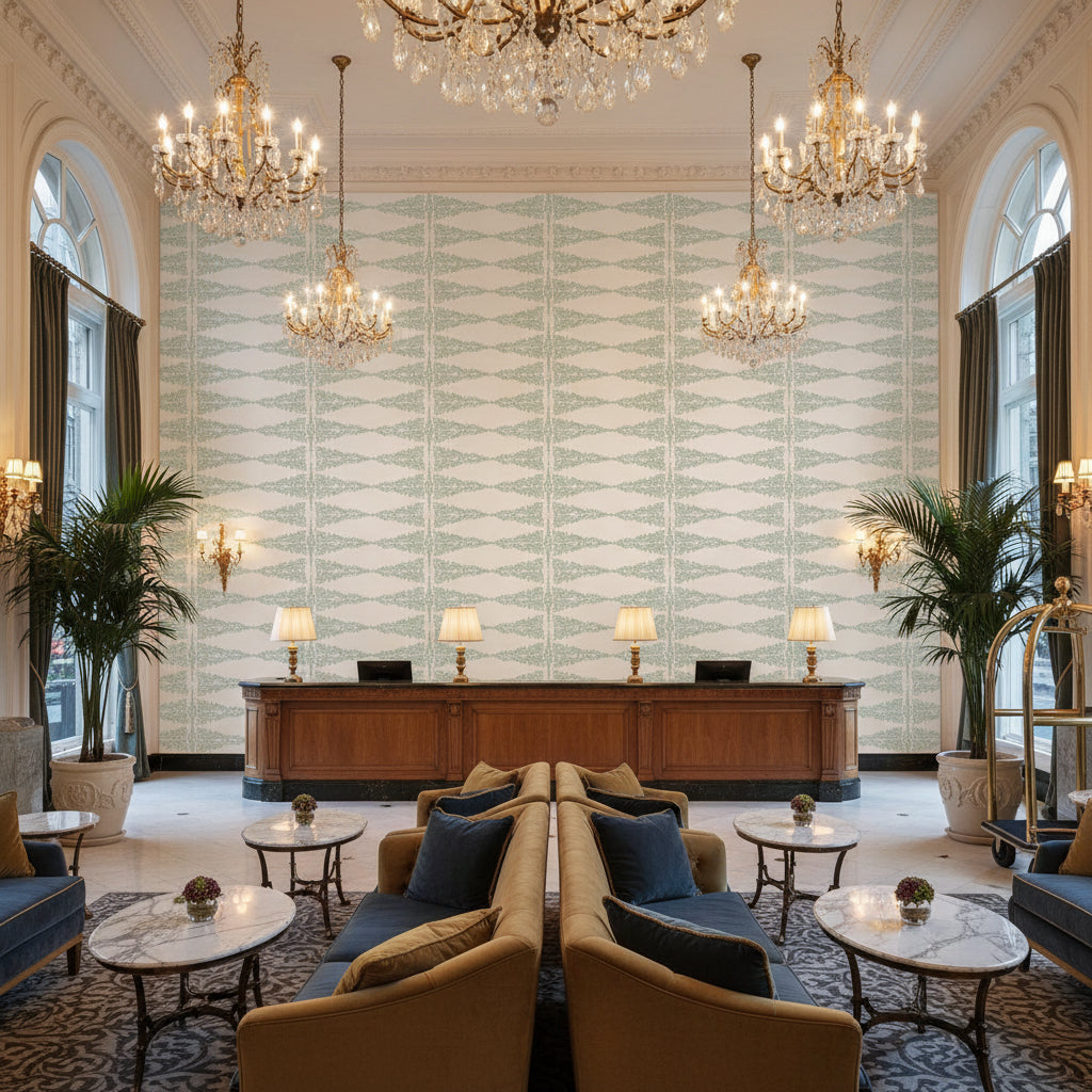 ELLERY STRIPE Fabrics (AF24544) – Robin's Egg on White Robin's Egg on White | Thibaut - Hotel Lobby Visualization (AI-generated, may not be to scale. Verify pattern scale with product specifications.)