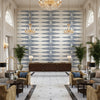 ELLERY STRIPE Fabrics (AF24547) – Navy on White | Thibaut - Hotel Lobby Visualization (AI-generated, may not be to scale. Verify pattern scale with product specifications.)