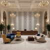 ELLERY STRIPE Fabrics (AF24548) – Navy on Soft Teal | Thibaut - Hotel Lobby Visualization (AI-generated, may not be to scale. Verify pattern scale with product specifications.)