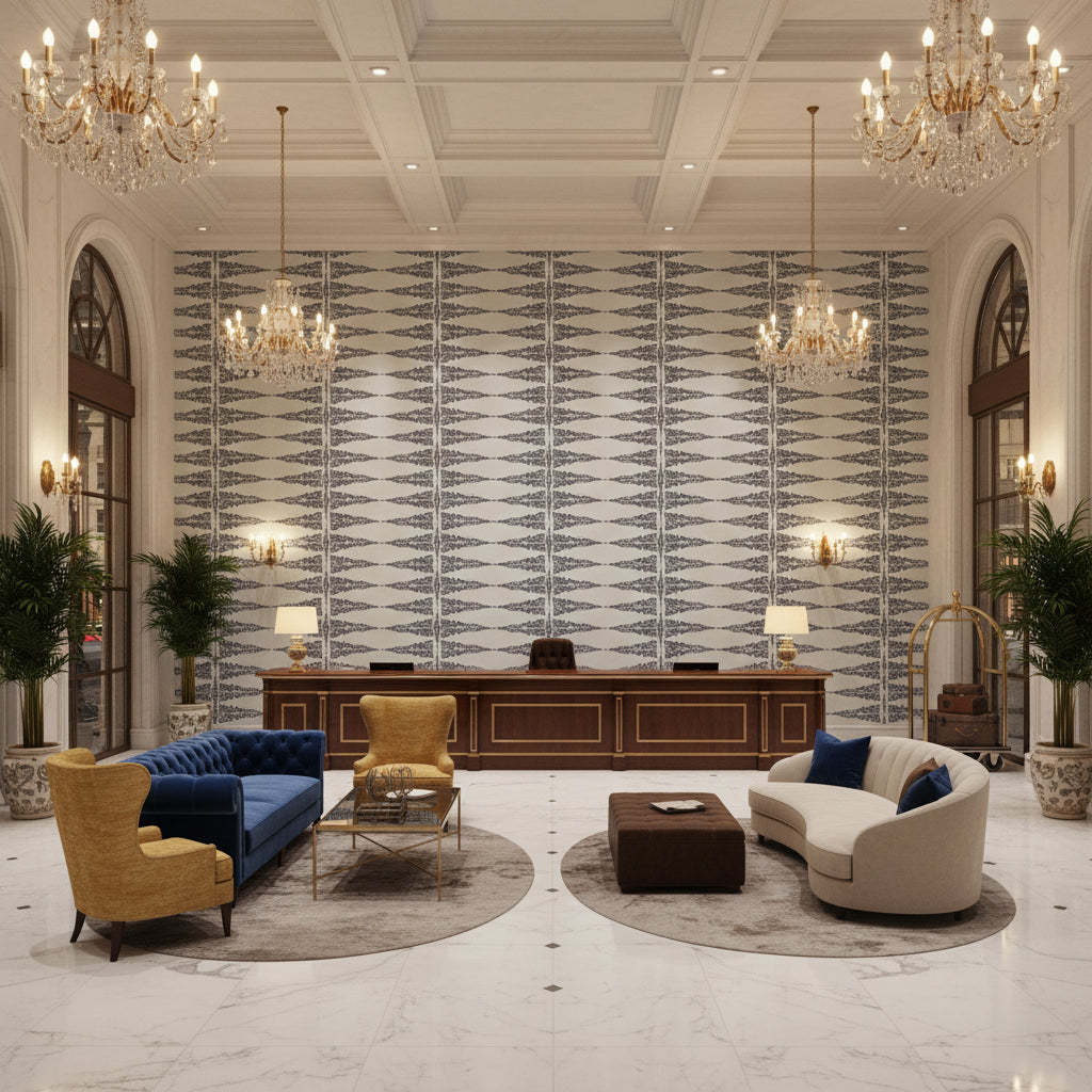 ELLERY STRIPE Fabrics (AF24548) – Navy on Soft Teal | Thibaut - Hotel Lobby Visualization (AI-generated, may not be to scale. Verify pattern scale with product specifications.)