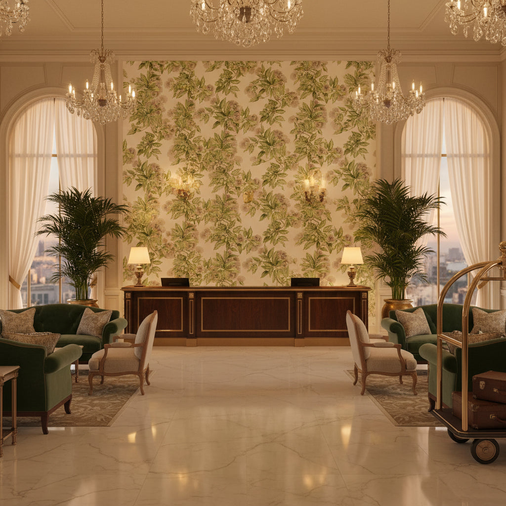 CAMELLIA GARDEN Fabrics (AF24551) – Spring on White | Thibaut - Hotel Lobby Visualization (AI-generated, may not be to scale. Verify pattern scale with product specifications.)