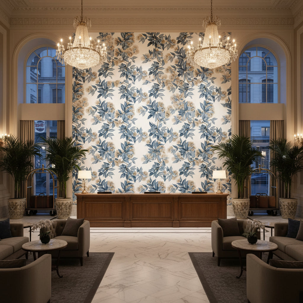 CAMELLIA GARDEN Fabrics (AF24553) – Linen and Navy | Thibaut - Hotel Lobby Visualization (AI-generated, may not be to scale. Verify pattern scale with product specifications.)