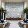 PONTORMA Fabrics (AF24554) – Sky | Thibaut - Hotel Lobby Visualization (AI-generated, may not be to scale. Verify pattern scale with product specifications.)