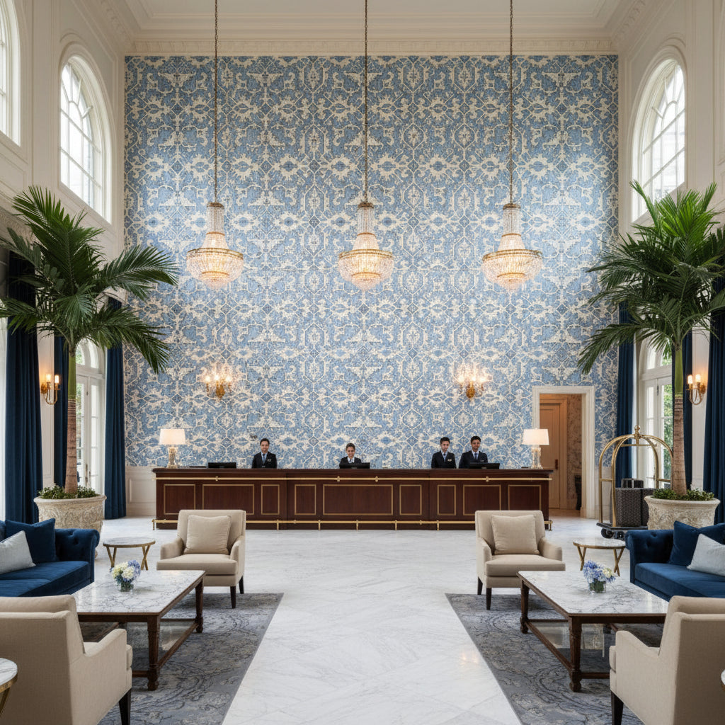 PONTORMA Fabrics (AF24554) – Sky | Thibaut - Hotel Lobby Visualization (AI-generated, may not be to scale. Verify pattern scale with product specifications.)