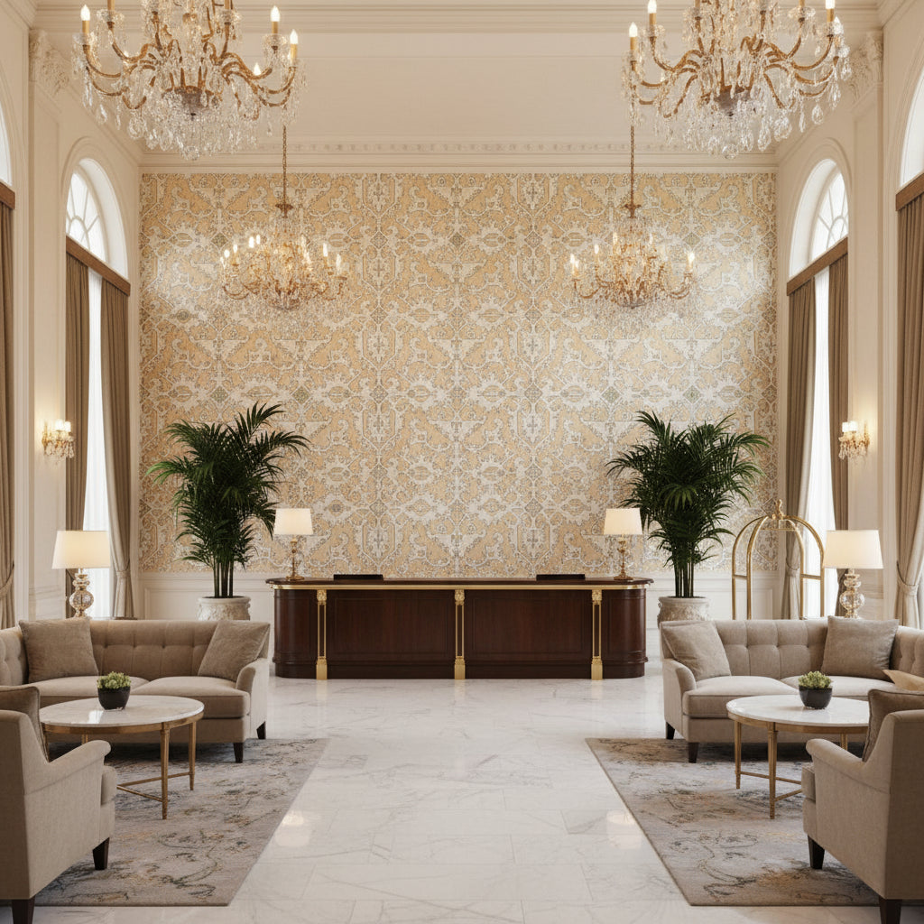 PONTORMA Fabrics (AF24555) – Soft Gold | Thibaut - Hotel Lobby Visualization (AI-generated, may not be to scale. Verify pattern scale with product specifications.)