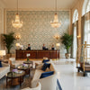 PONTORMA Fabrics (AF24556) – Robin's Egg Robin's Egg | Thibaut - Hotel Lobby Visualization (AI-generated, may not be to scale. Verify pattern scale with product specifications.)