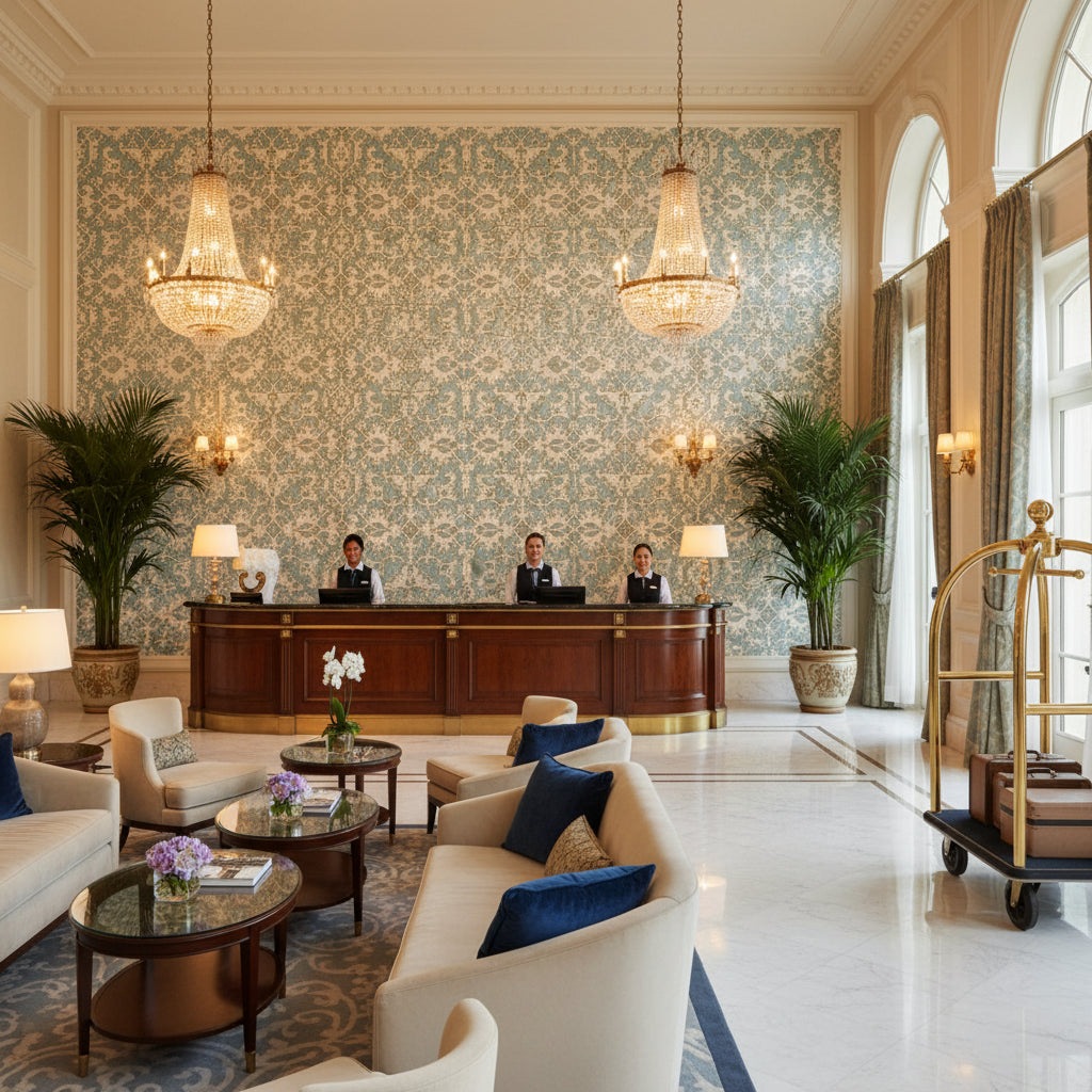 PONTORMA Fabrics (AF24556) – Robin's Egg Robin's Egg | Thibaut - Hotel Lobby Visualization (AI-generated, may not be to scale. Verify pattern scale with product specifications.)