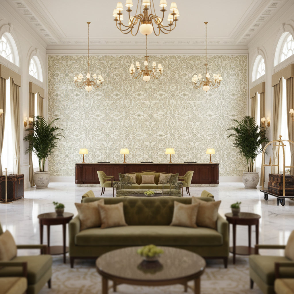 PONTORMA Fabrics (AF24558) – Neutral | Thibaut - Hotel Lobby Visualization (AI-generated, may not be to scale. Verify pattern scale with product specifications.)